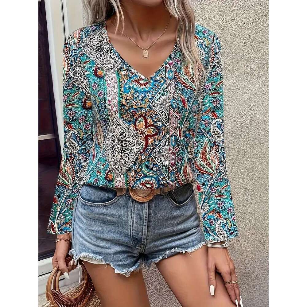 European American Hot selg Boho Paisley Printed V-neck Long sleeved Shirt Women's Wear 2025 New Style Stylish and Elegant Clothing