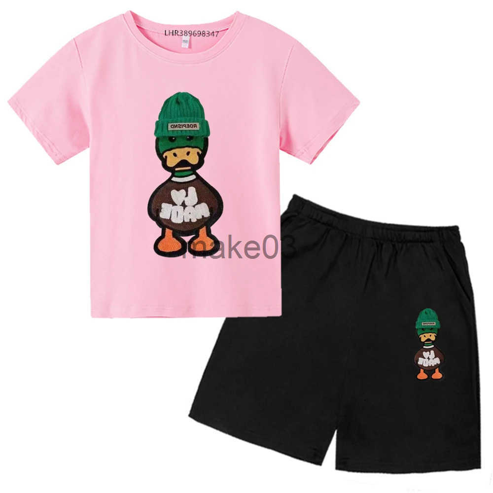 3-12-year-old and girls green hat duck T-shirt+shorts white short sleep childrens summer boys 2-piece casual set J250403