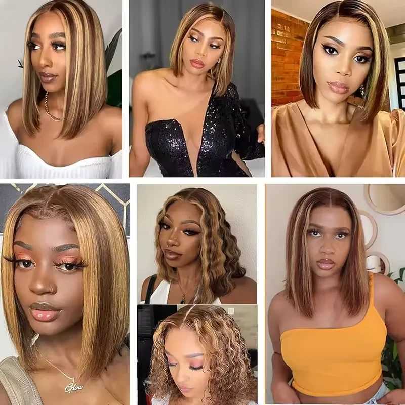 427 Highlight Bob Wigs Straight Lace Front Wig Human Hair Ombre Frontal Bob Wig Human Hair gluelss wear to go Ombre Brown Wig 1 W251107