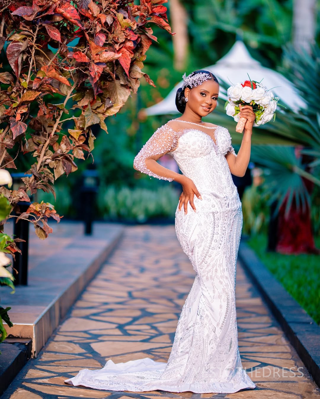 2025 Plus Size Mermaid Wedding Dress For Bride Bridal Gowns Long Sleeves Sheer Neck Long Sleeves Beaded Lace Tiered Tulle Wedding Gowns For African Bl