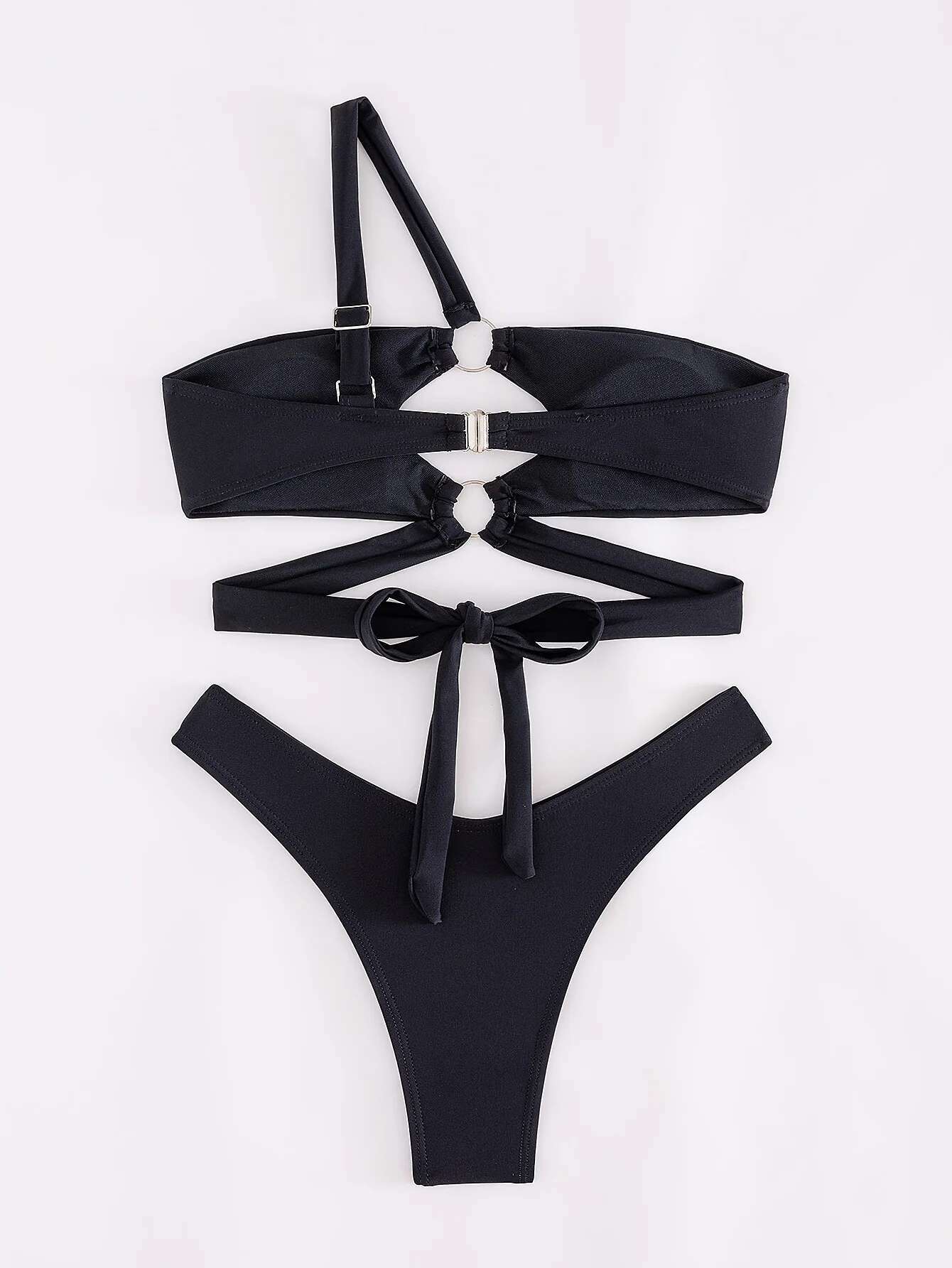 Dongdumaoyi Sexy One Shoulder Bikini Women Black Metal Ring Linked Hollow Out Micro Swimsuit Bathing Suit Thong Swimwear Traje De Ba O
