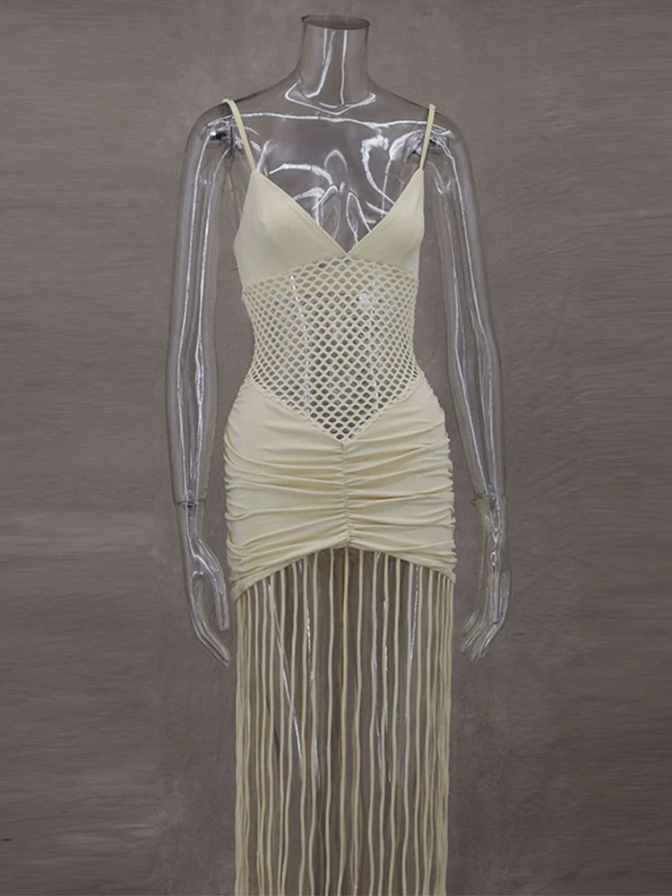 Hollow Out See-through Long Dress Women Holiday Tassels High Waist Sleeveless Strap Dresses Female Backless Evening Club Robe 250407