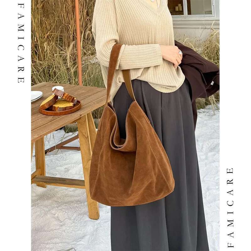 2025 Women's Frosted Leather Tote Large Capacity Soft Suede Bucket Handbag Lady Minimalist Underarm Hobo Shoulder Bag