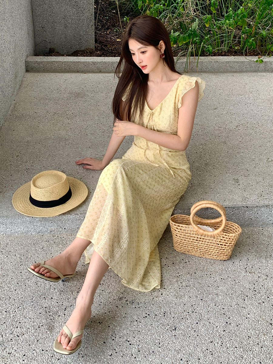 M15120 High quality summer new Korean style high waist holiday sleeveless dress V-neck printed pure desire dress