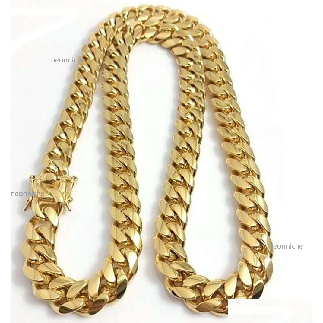 Chains Gold Plated Stainess Steel 10Mm 12Mm 14Mm Polished Miami Cuban k Necklace Men Punk Curb Chain Double Safety Clasp 18Inch Ot06H