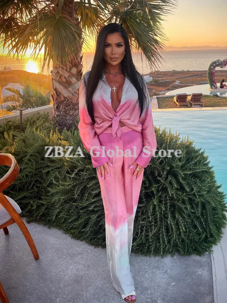 Womens tie dye printed shirt pants set Vneck long sleeved satin high waist wide leg silk autumn womens fashion 250313