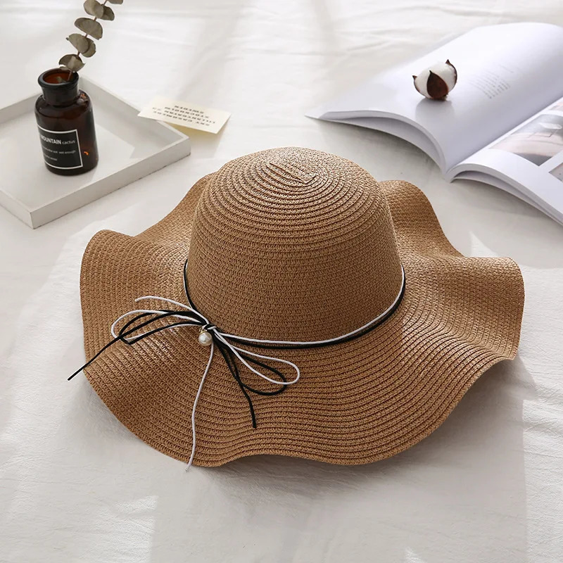 W41 Womens Hat Summer Japanese Wild Beach Straw Small Fresh Bow Adjustable Holiday Sun 250326