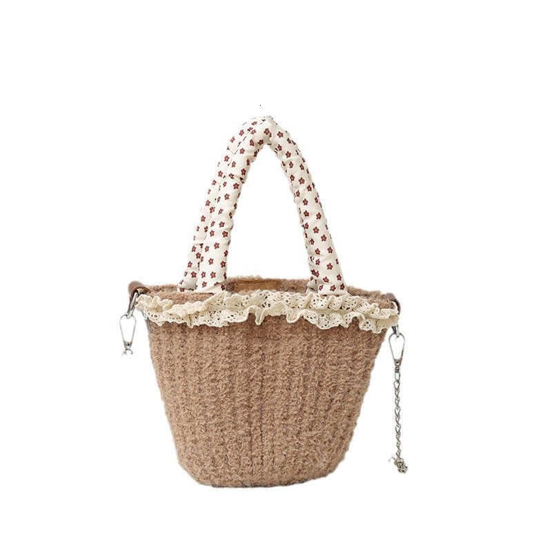 2025S Designer Women S Bag Forest Style Plush Handbag Versatile And Sweet In Winter One Shoulder Bucket Bag Lace Lace Floral Chain Hand Held