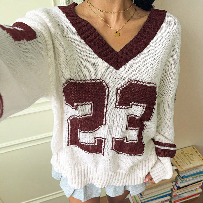 Women's color-blocked sports top, V-neck long-sleeved sweater, color-block stripes, number pattern jacquard--SSJ020