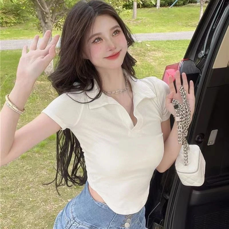 Korean clothing lapel short sleeved Tshirt womens summer girl solid color casual top 250407