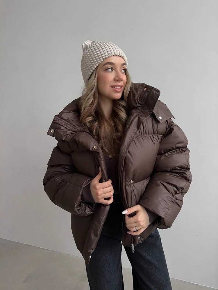 Winter Puff Hooded Thick Short Down Jacket Women White Duck Down Zipper Parker Cotton Outwears Female Warm Loose Brown Jackets C251107