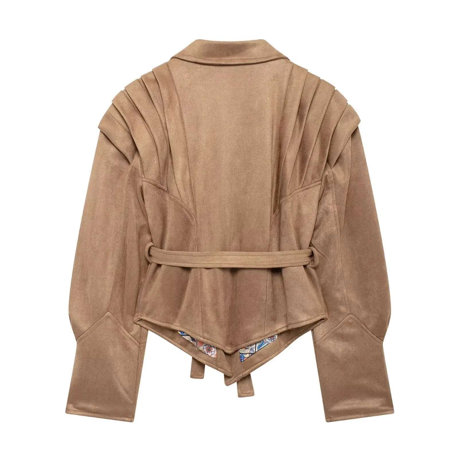 2024 Autumn New Women's Fashion Belt-Fitted Chamois Leather Jacket European And American Style Street Design Sensibility