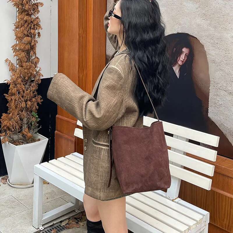 Newest Women Suede Female Frosted Cowhide Split Leather Bucket Shoulder Bag Lady 2Pcs Set Crossbody Messenger Wholesale