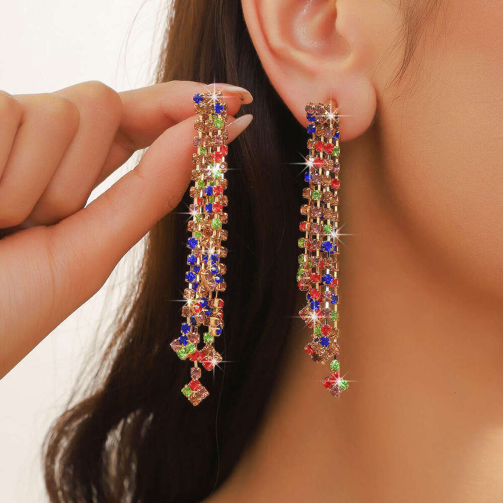 Advanced, fashionable, simple, colorful rhie tassel earrings, banquet street photography, internet celebrity, exaggerated earrings