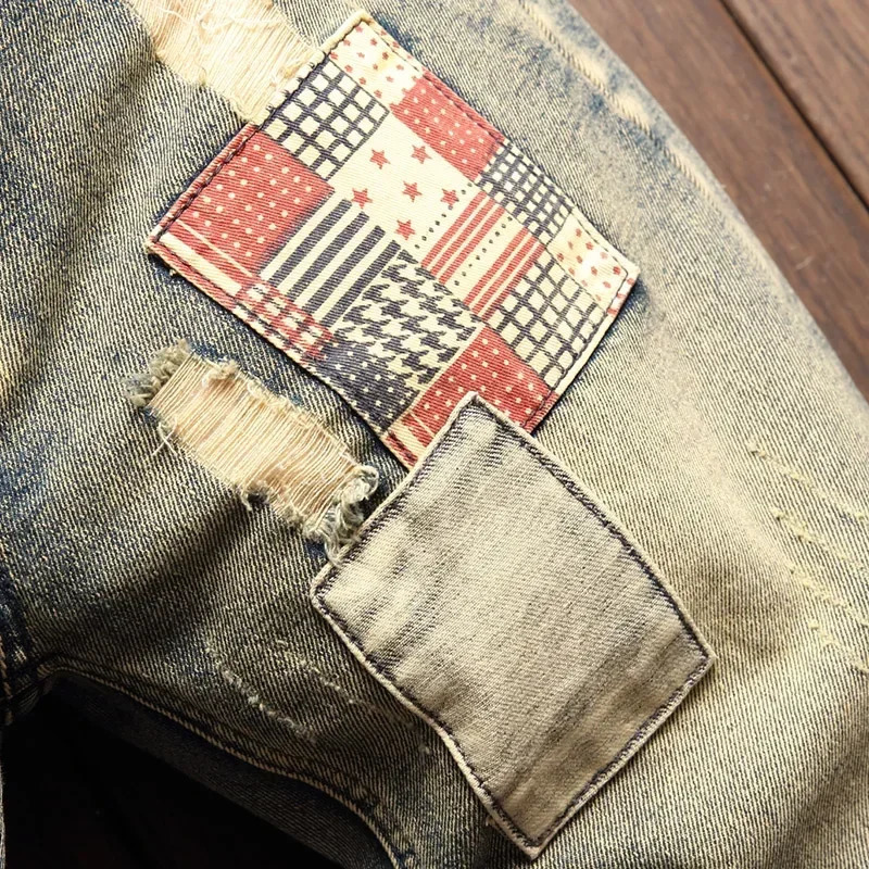 Summer Mens Ripped Denim Shorts Fashion Patchwork Hole Short Jeans Korean Loose Straight Kneelength Pants Male 250313