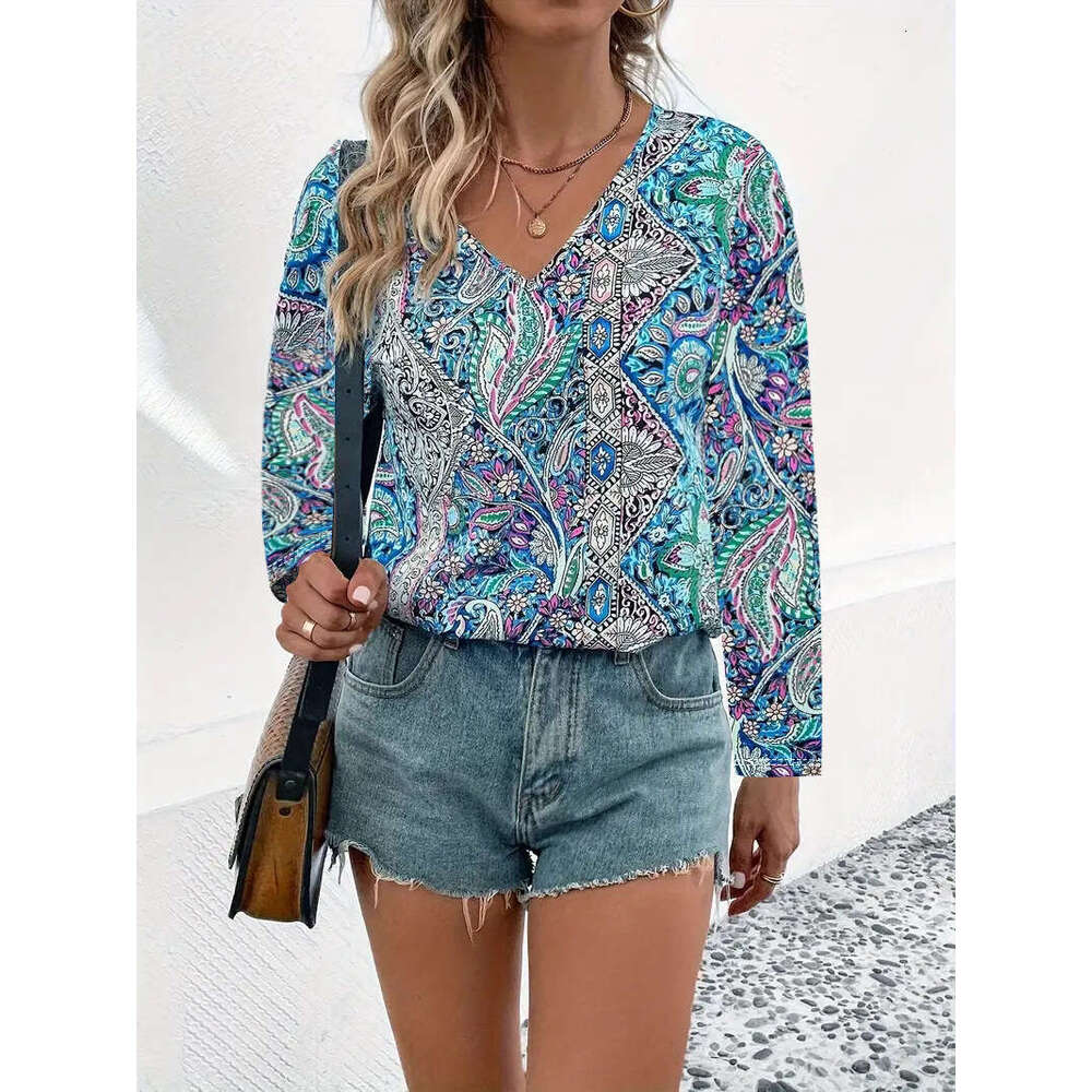 European American Hot selg Boho Paisley Printed V-neck Long sleeved Shirt Women's Wear 2025 New Style Stylish and Elegant Clothing