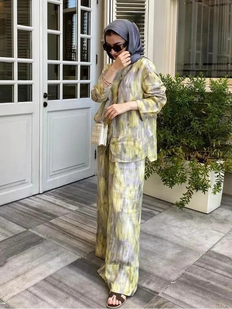Trafza Womens Fashion Retro Printed Two Piece Tie up Dye Single Button Shirt High Waist Wide Leg Pants Trouser Set 250407