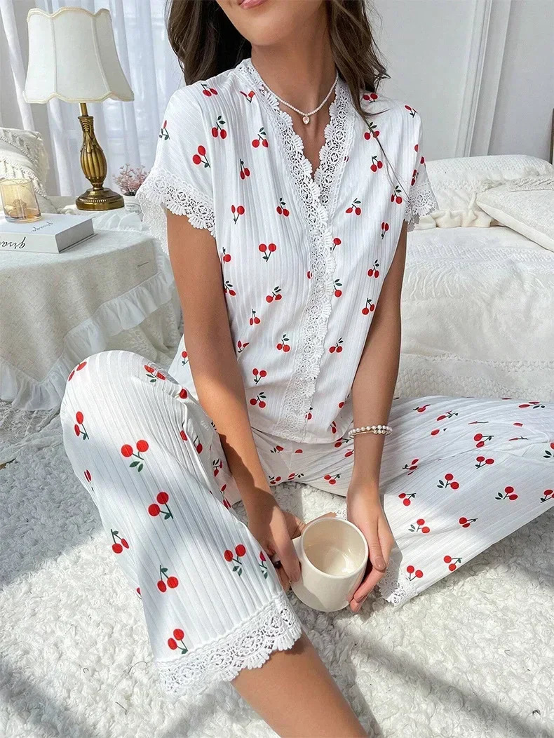 Lace Trim Women Pajama Set Short Sleeve Front Button Top FullLength Pants Cherry Print 2 Pieces Sleepwear Nightwear Homewear 250313