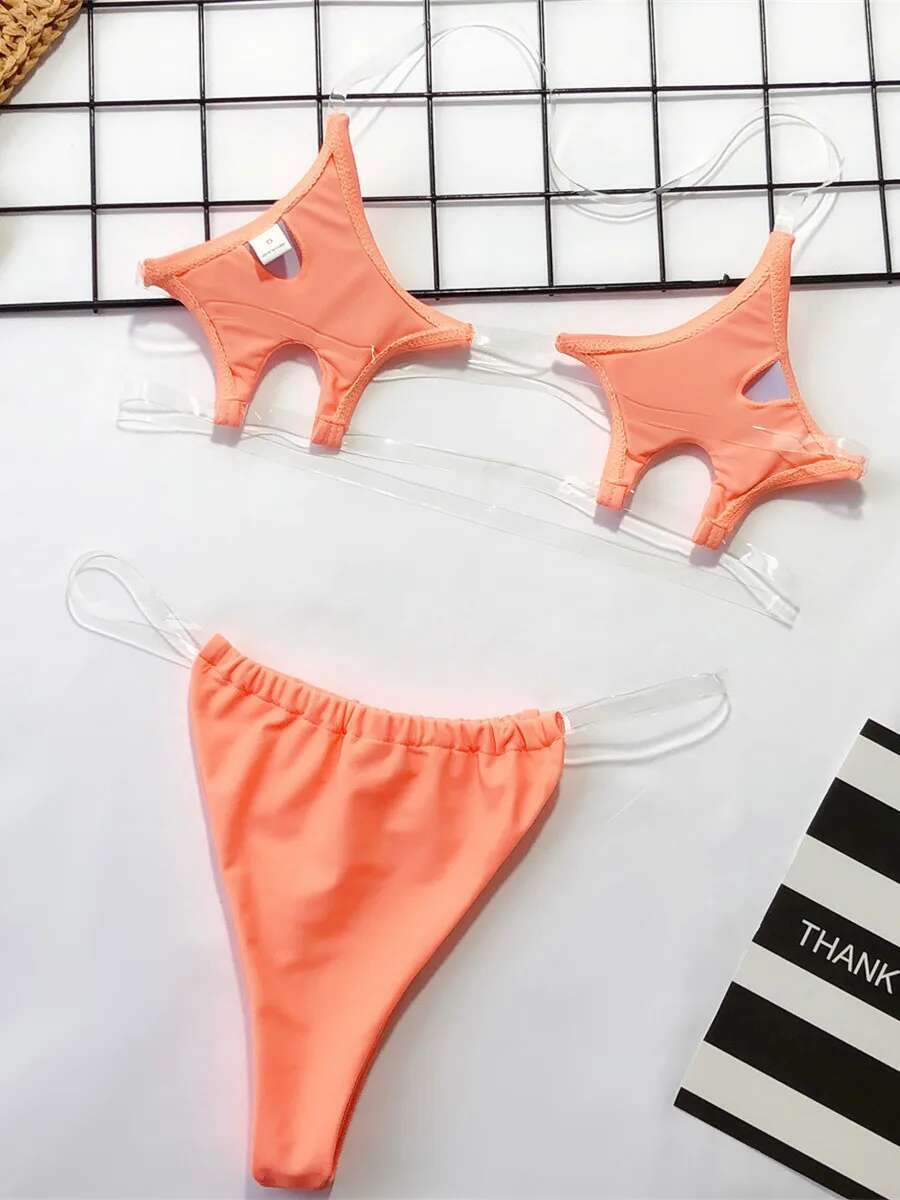 Dongdumaoyi Micro Bikini Women Clear Strap Push Up Bra Neon Yellow Gold Transparent Swimsuit Triangle Bather Thong Swimwear Biquini