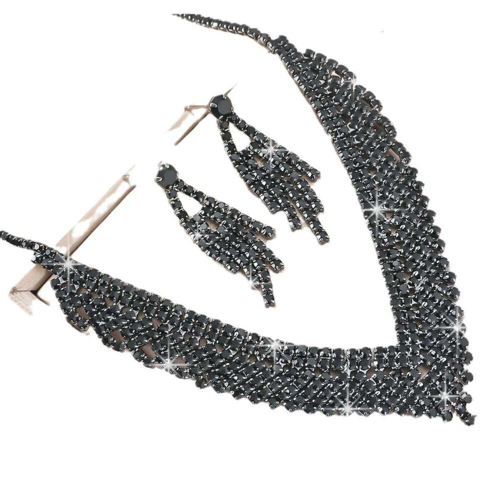 Bestselg black rhie V-shaped wave earrings+necklace two-piece set hot premium version