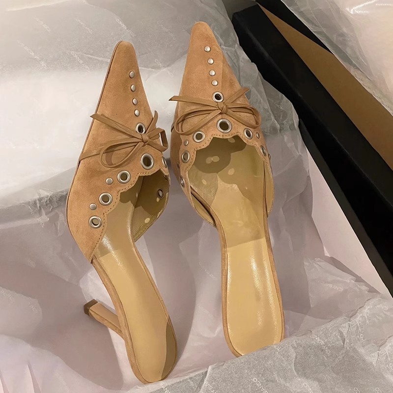 Women Bow Tie Heeled Mules Studs Pumps Pointy Kitten Heel Dress Heels Pointed Toe Dress Trendy Elegant Office Lady Shoes 250228