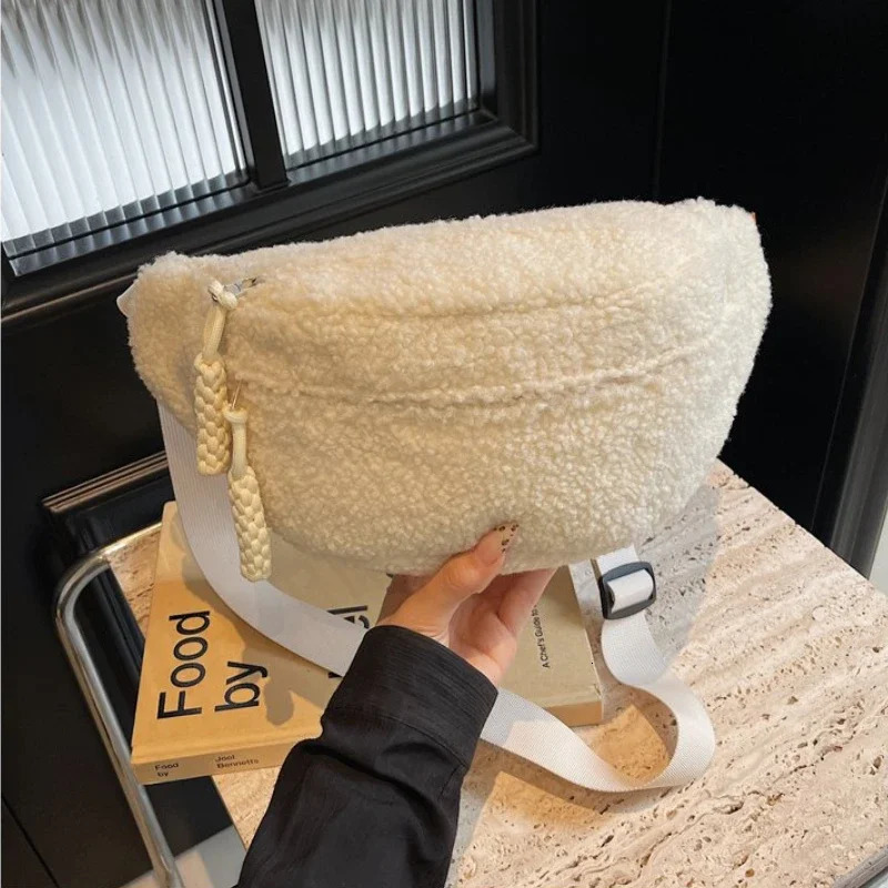 Solid color plush high-quality waist bag zipper Versatile casual womens luggage soft and simple delivery horizontal bag 250402