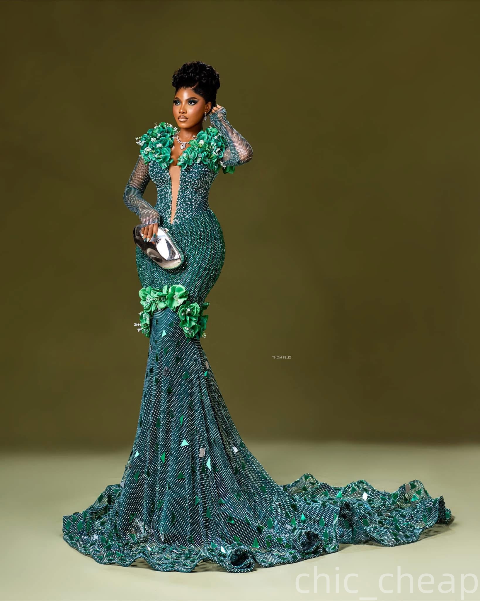 Aso Ebi Dark Green Sheath Prom Dresses 2026 Flowers Crystals Sparkly Evening Formal Party Second Birthday Engagement Gowns Plus Size Dress For Special