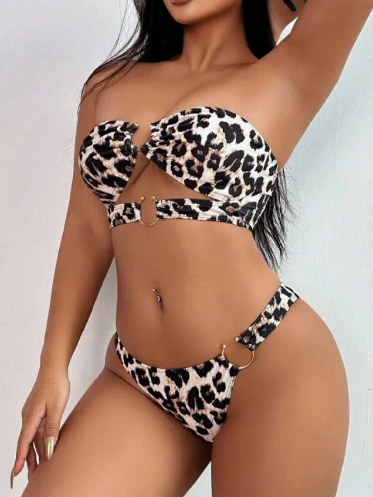 Dongdumaoyi Sexy Bandeau Bikini Set Women Metal Ring Brown Leopard Print Push Up Thong Swimsuit Summer Bathing Suit Holiday Swimwear