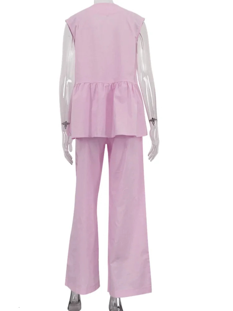 Loose pink cotton linen 2-piece womens summer special outfit sleeveless vest with high waist wide pants set 250401