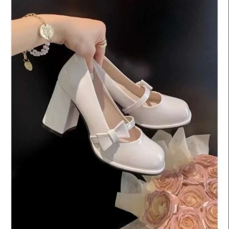 New Sheepskin Edition~French Marilyn Women's Sandals Spring Summer Pink Bow Round Toe Single Shoes Thick High Heels