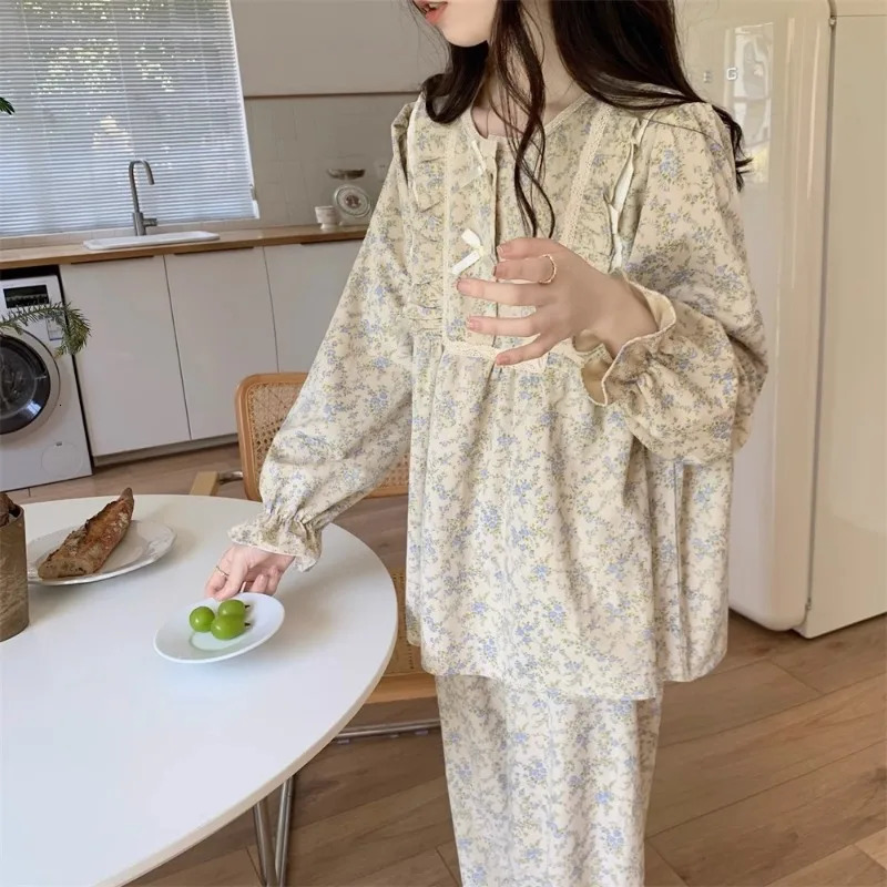 Womens plus size pajamas garden style student home clothes twopiece Korean bow can be worn on long sleeved women 250313