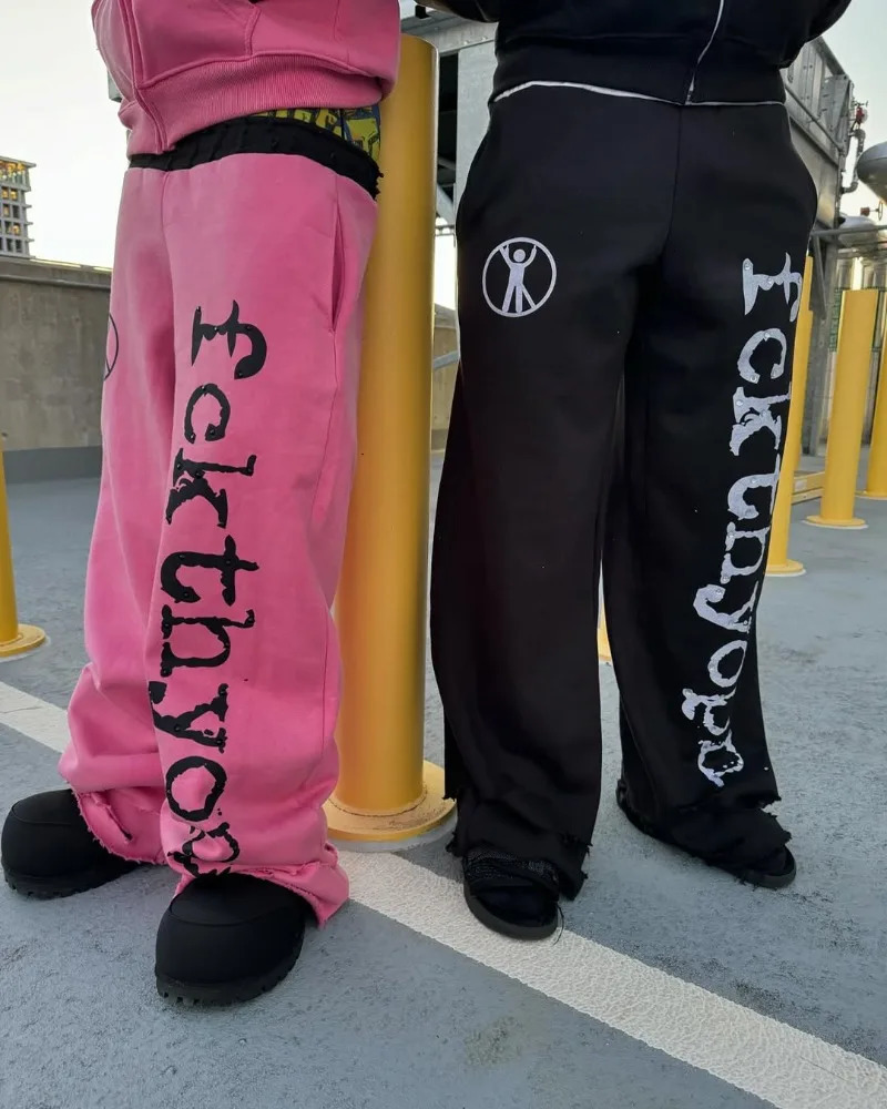 European and American trends Gothic letter high waisted casual pants for men Y2K streetwear loose Harajuku wide leg 250403