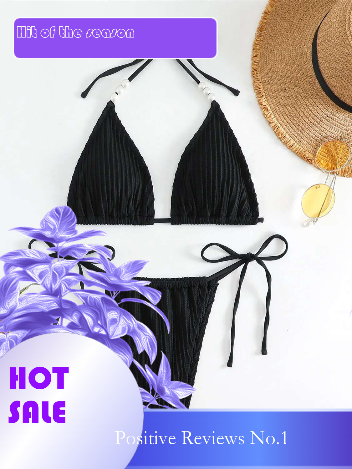 Dongdumaoyi Sexy Pearl Strap Bikini Women Black White Push Up Ribbed Micro Swimsuit Brazilian Bathing Suit Tie Side Triangle Swimwear