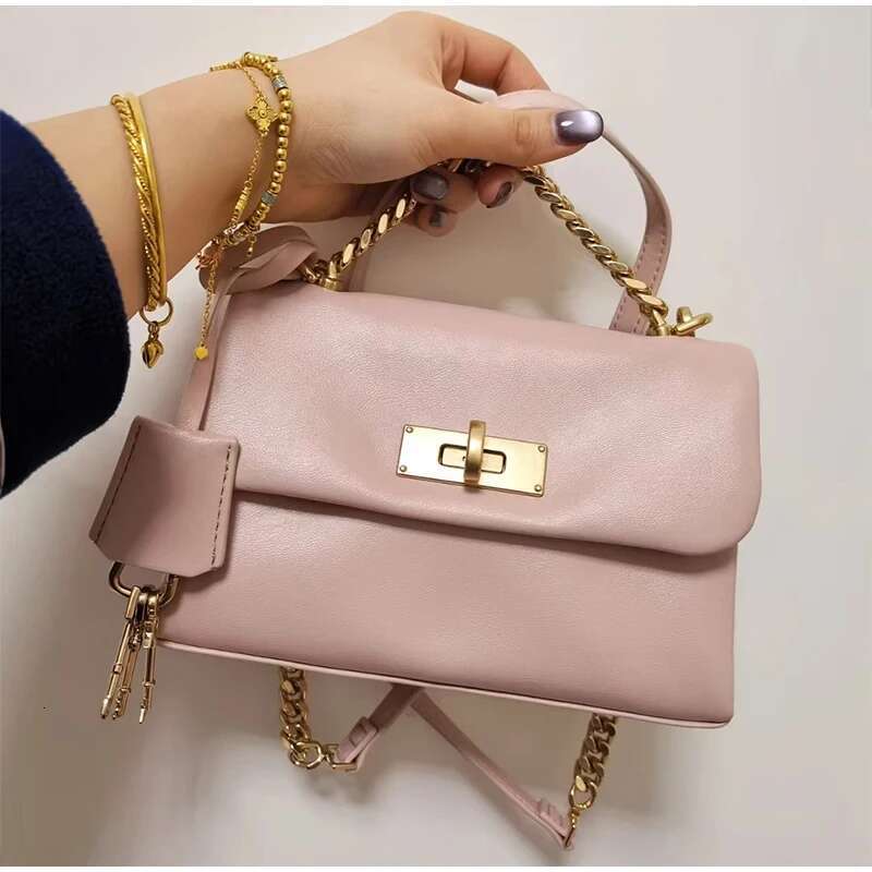 Brand Design Crossbody Messenger Women's Sweet Style Pink Small Square Bag New Fashionable All-Match Lock Handbag