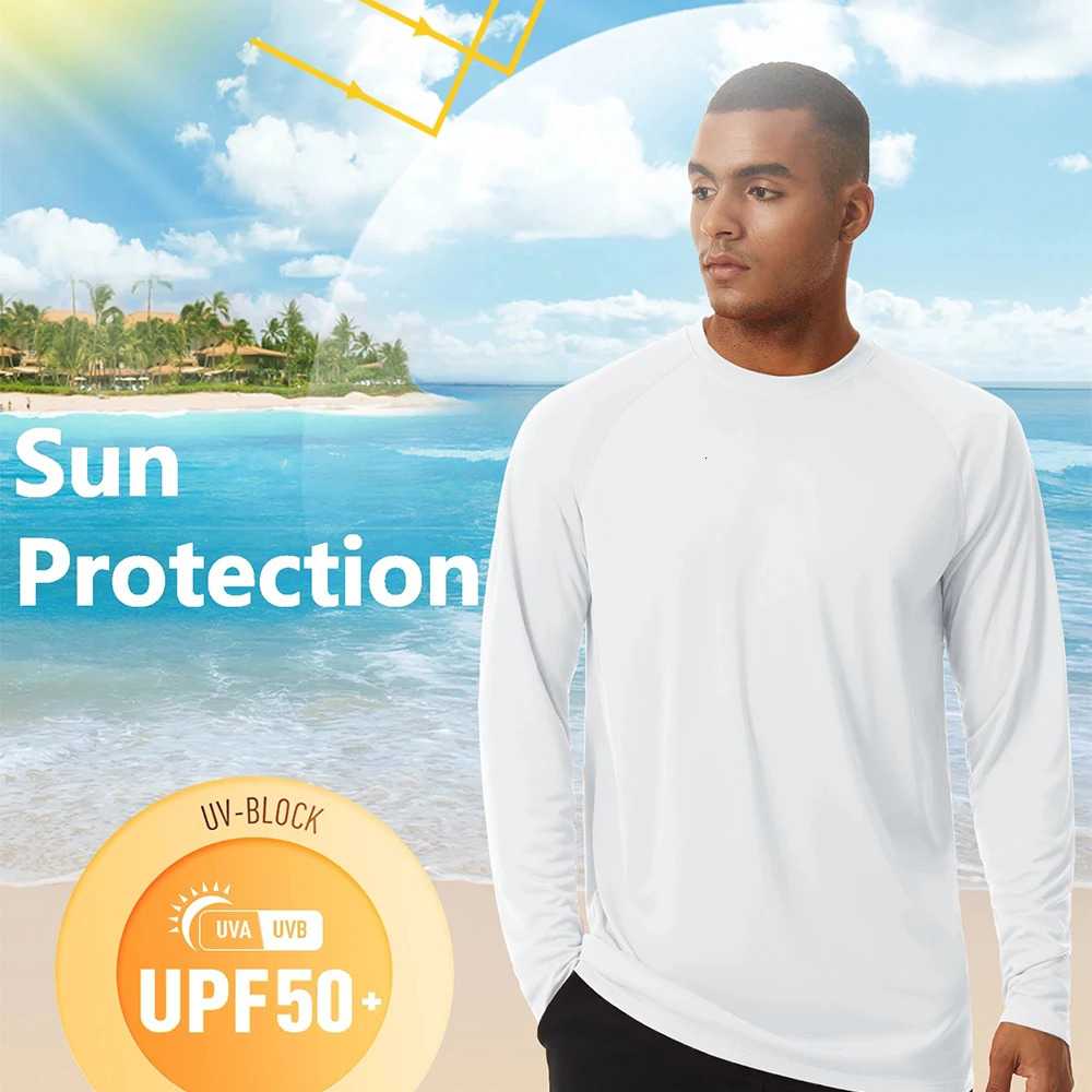 UPF50 Mens Sunscreen UV Protection T-shirt Solid Color Long-sleeved Round Neck Outdoor Hiking Fishing Quick-drying Tops 250407