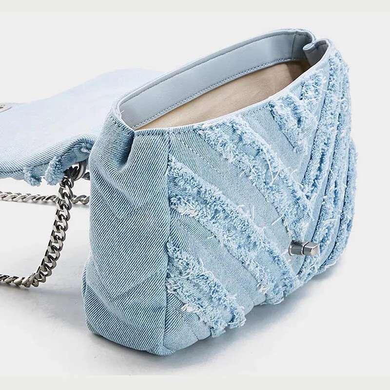 Fashion Women's Shoulder Denim Quilted Totes Bags Retro Blue Jeans Chain Female Flap Handbag