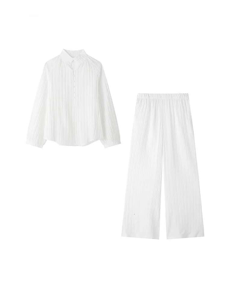 Women Solid Wide Leg Pants Suit Chic Stand Collar Single Breasted Long Lantern Sleeves Shirt 2024 New Streetwear Lady 2 Pcs Set
