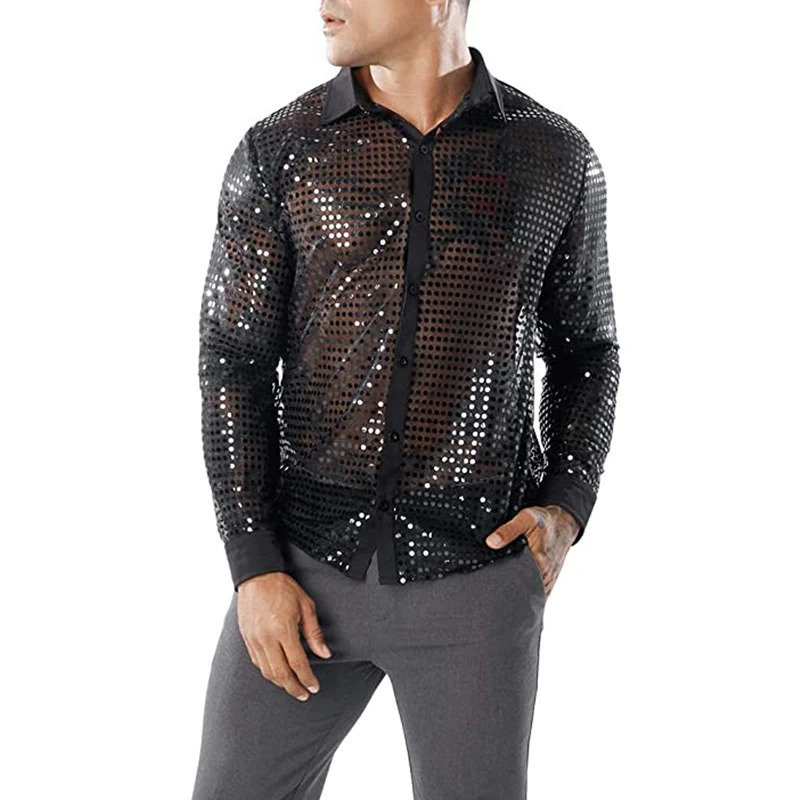 Mens Sheer Sequins Shirt Long Sleeve Turn Down Collar Button Dot Shirts y Blouse Tops 250226