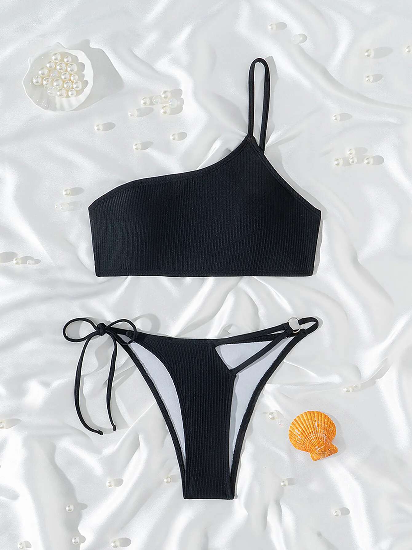 Dongdumaoyi Sexy One Shoulder Bikini Set Women Black Ribbed Push Up Hollow Out Bandage Thong Swimsuit Beach Bathing Suit Micro Swimwear