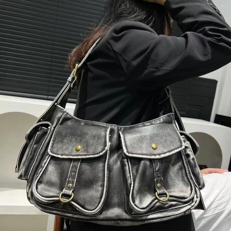 Totes Women's Fashion Y2K Washed Distressed Girl Shoulder Bag Large Capacity Multi-pocket Crossbody Handbag