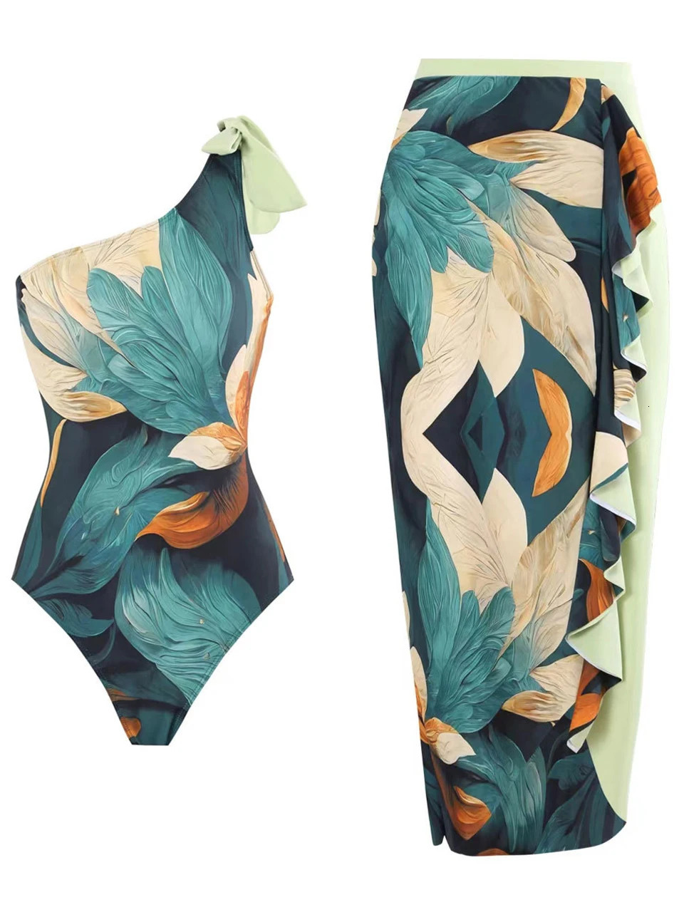 One Shoulder Swimsuit Beach Skirt Women Two Piece Vintage Print Swimwear Female Bathers Bathing Swimming Summer Beachwear 250313