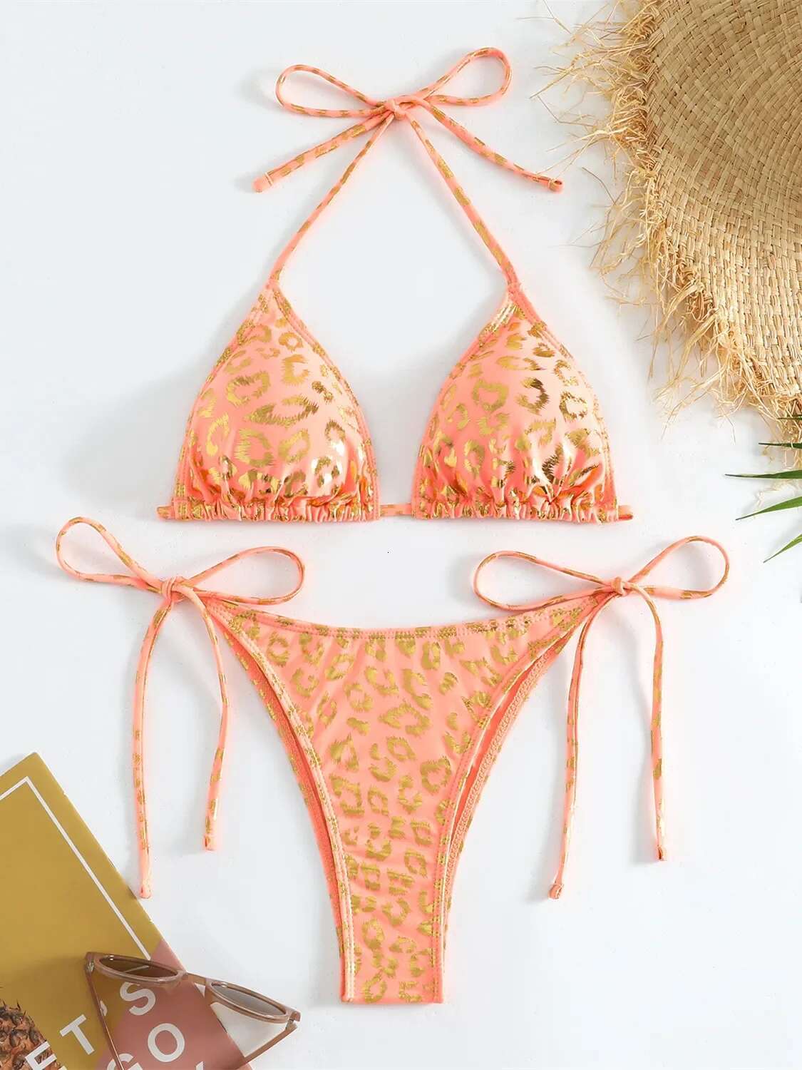 Dongdumaoyi Sexy Orange Leopard Print Bikini Set Women Halter Push Up Bra Tie Side Thong Swimsuit Summer Backless Bathing Suit Swimwear