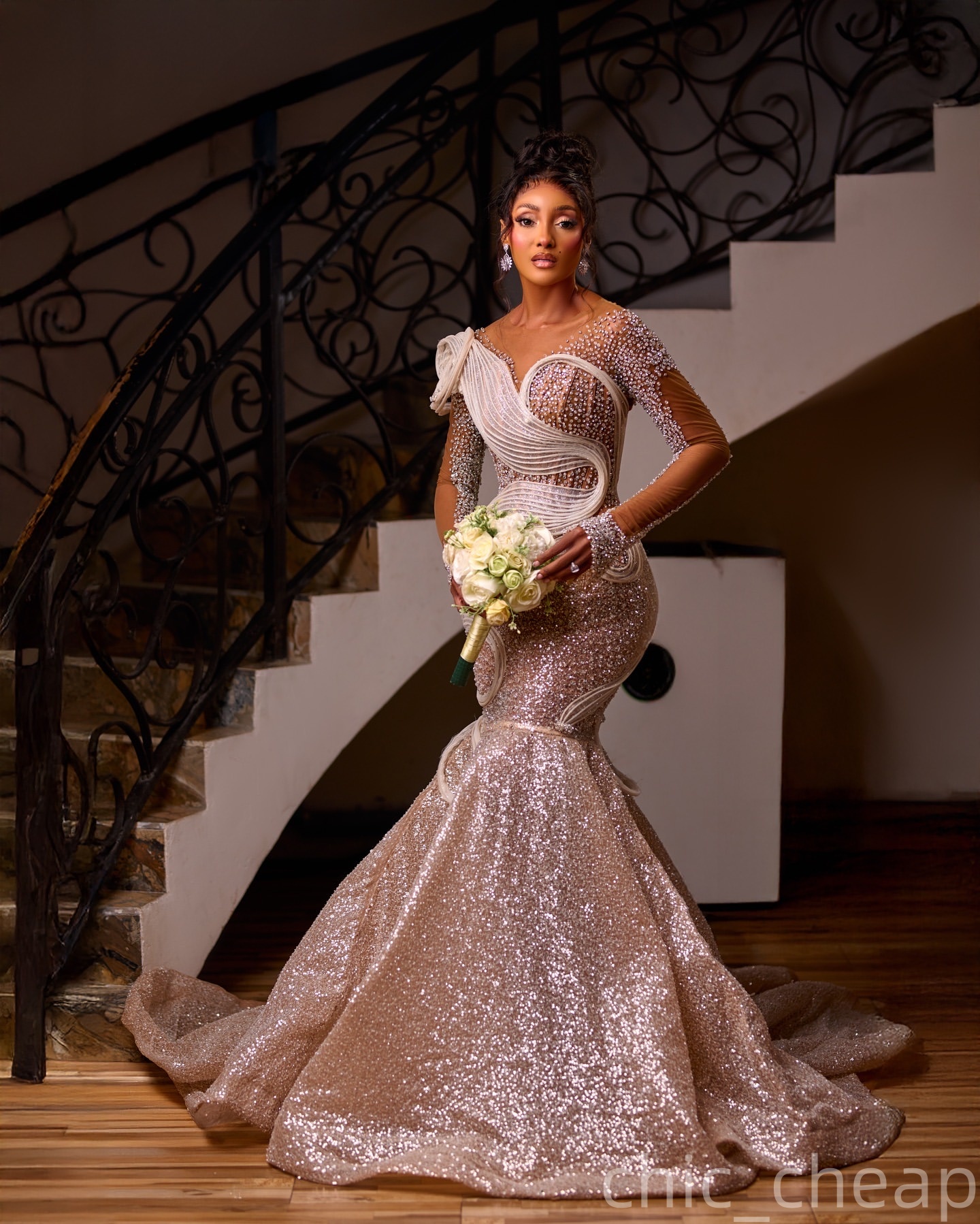 2026 Aso Ebi Plus Size Champagne Mermaid Wedding Dress Illusion Crystals Beaded Full Sleeves Sequined Stylish Bridal Gowns Dresses ZJ0461