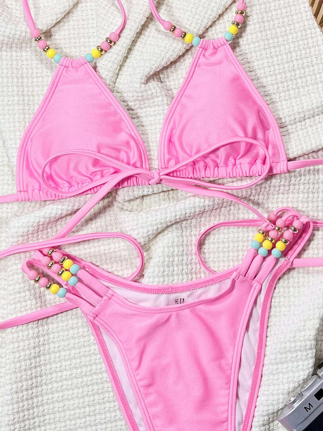 Dongdumaoyi Pink Colorful Bead Bikini Set Women Sexy Push Up Bandage Cross Hollow Out High Waist Swimsuit Beach Bathing Suit Swimwear