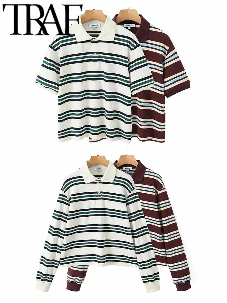 TRAF ROBE Y2K Womens Casual Tshirt Summer Short Sleeve Striped Printed Polo Neck Loose Thin Top Zipper 250407