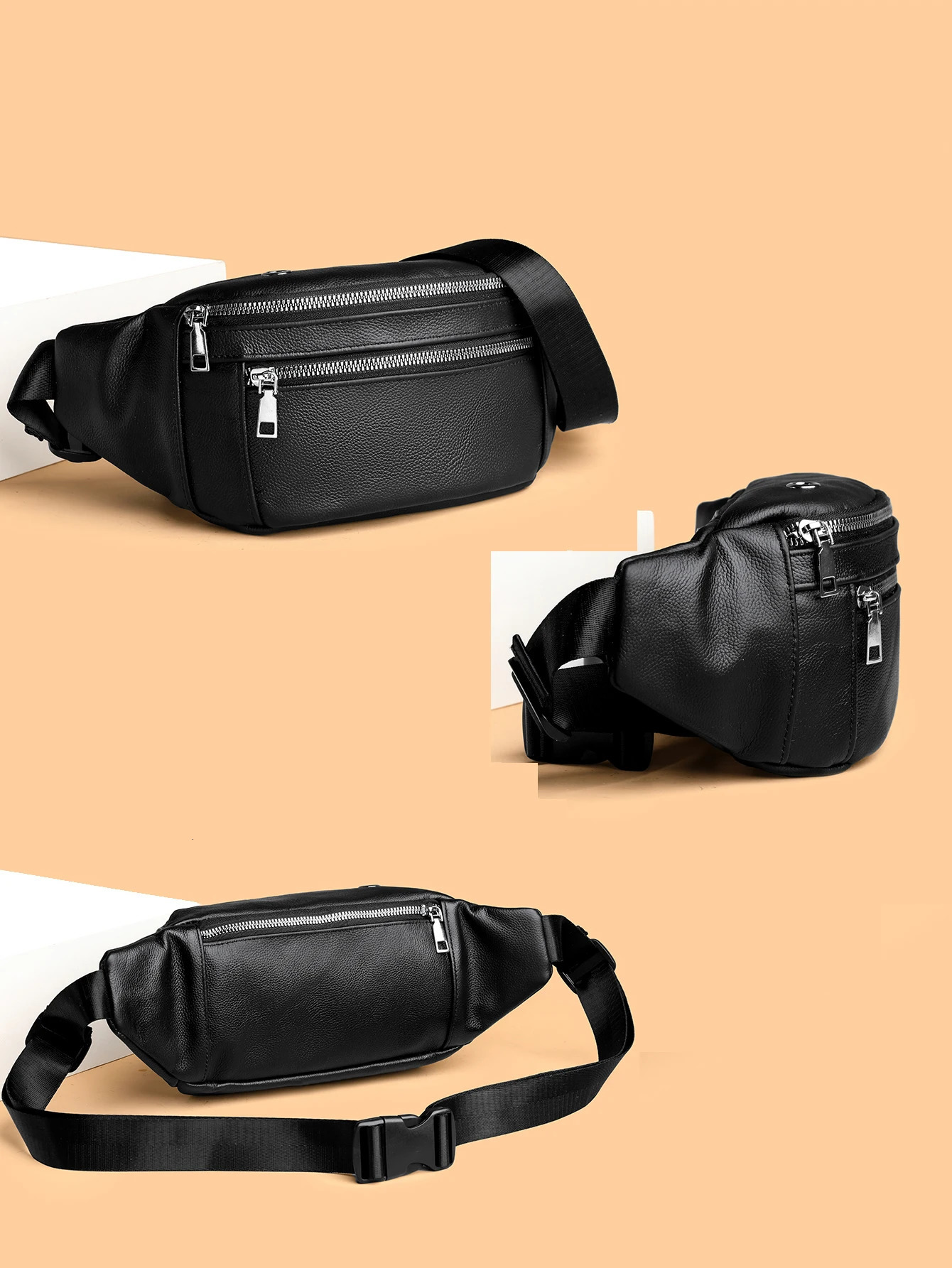 Simple black mens genuine leather Fanny bag lightweight sports waist bag mens belt bag mobile phone chest bag mens small bag 250402
