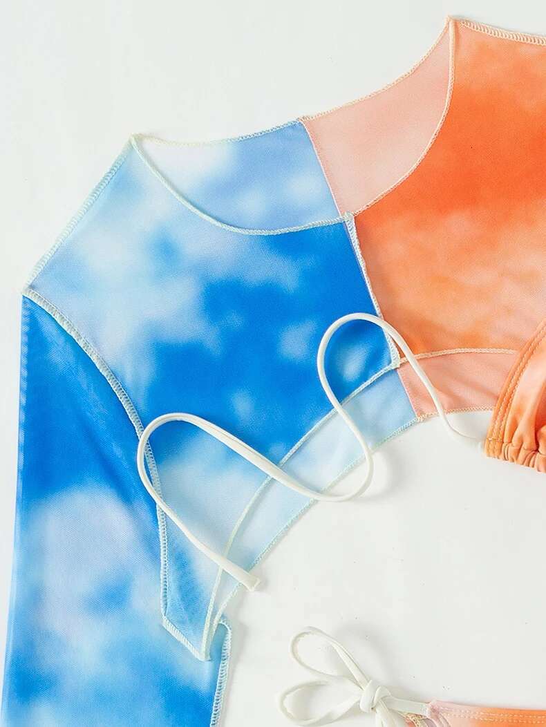 Dongdumaoyi Sexy Orange Blue Contrast Bikini Set Women Long Sleeve Mesh Cover Up Piece Swimsuit Brazilian Bathing Suit Thong Swimwear