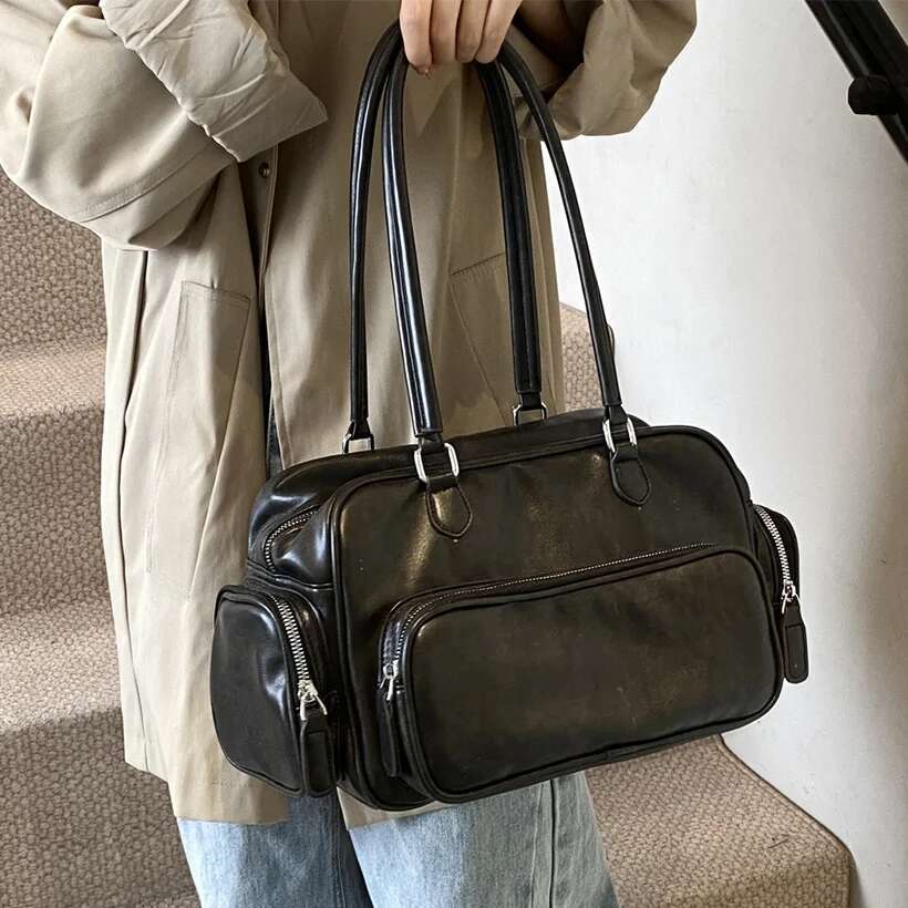 2024 New Large Capacity Travel Handbag Women's Solid Shoulder Bag Multi-Pockets Tote PU Leather Underarm Commuter Bags