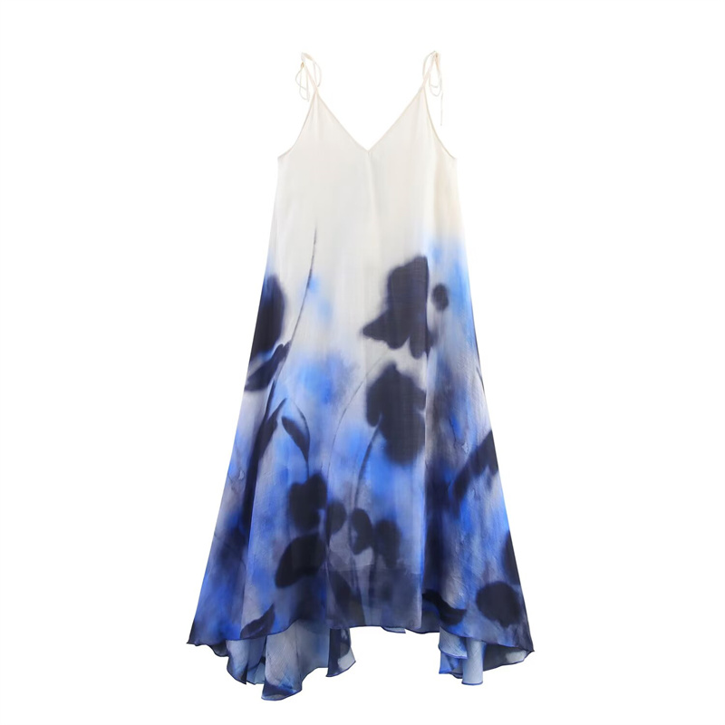 2025 Spring/Summer New Product Women's Vacation Style Sleeveless V-neck Loose Printed Strap Dress