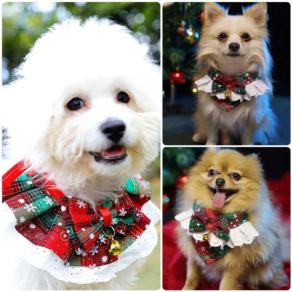 High Quality Christmas pet bow bib collar scarf plain weave bow lace Saliva towel with bell pendant suitable for dog and cat collars necklace beauty a
